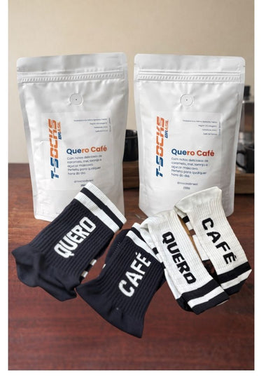 Kits 2 Meias Quero Café + 2 Cafés Especial T-Socks CARAMELO & NOZES